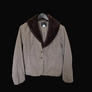 J. Crew Collection Faux Fur Collar Cotton Twill Jacket Olive Brown Sz 6